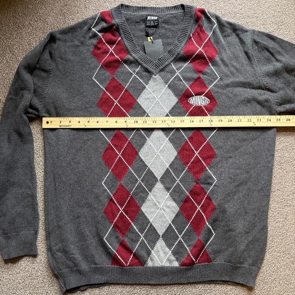 Minga London V-Neck Argyle Jumper Long Sleeve Cotton Sweater Grey | US Sz 12 - Picture 11 of 12